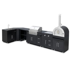 Eckige Metall-Außenküche mit Pizzaofen, Gasherd, Grill und Stauraum – 6 Module